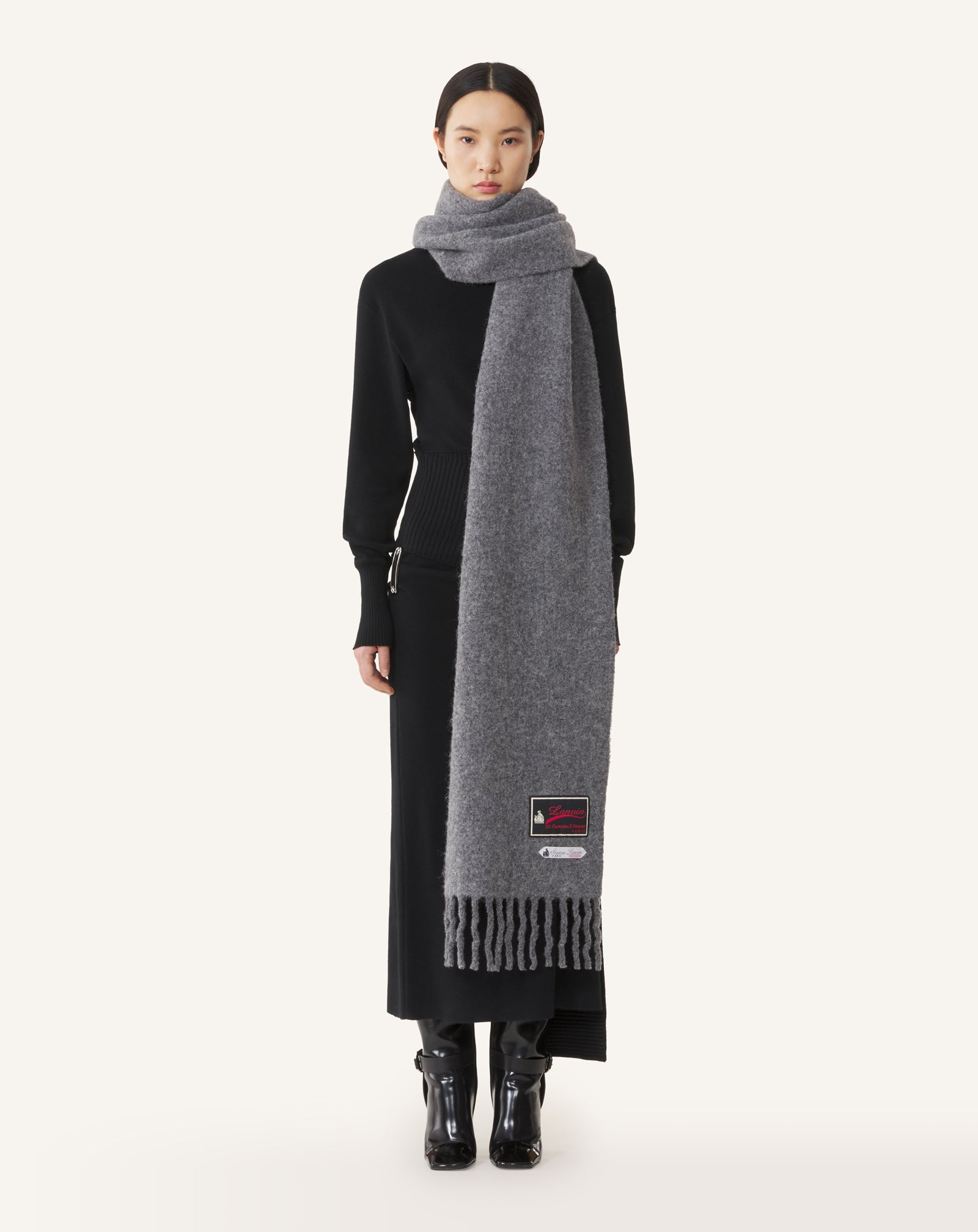 FRINGED WOOL SCARF WITH 22 FAUBOURG LABEL