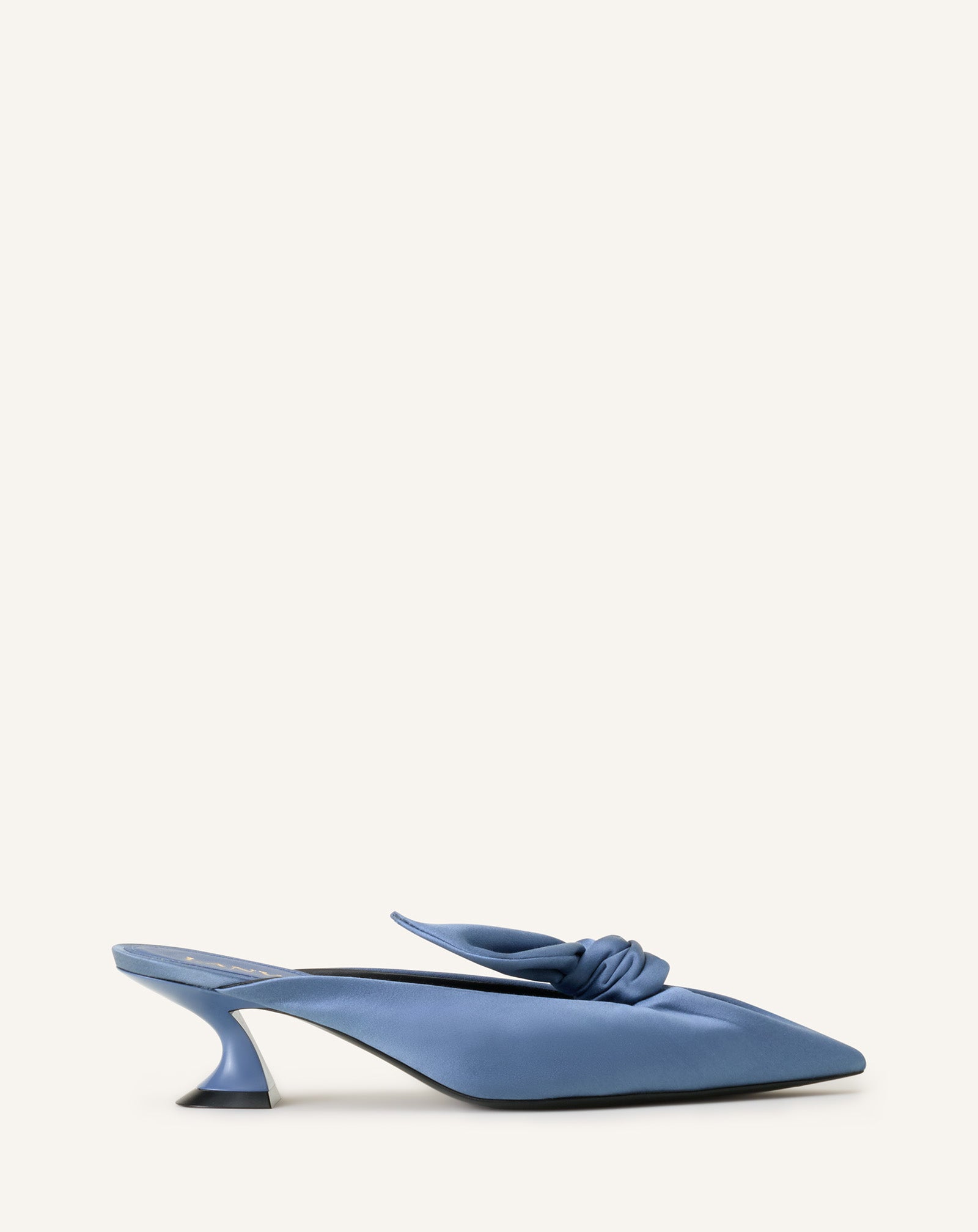 BLUE MIDNIGHT STEP HEELED MULES WITH A SATIN BOW