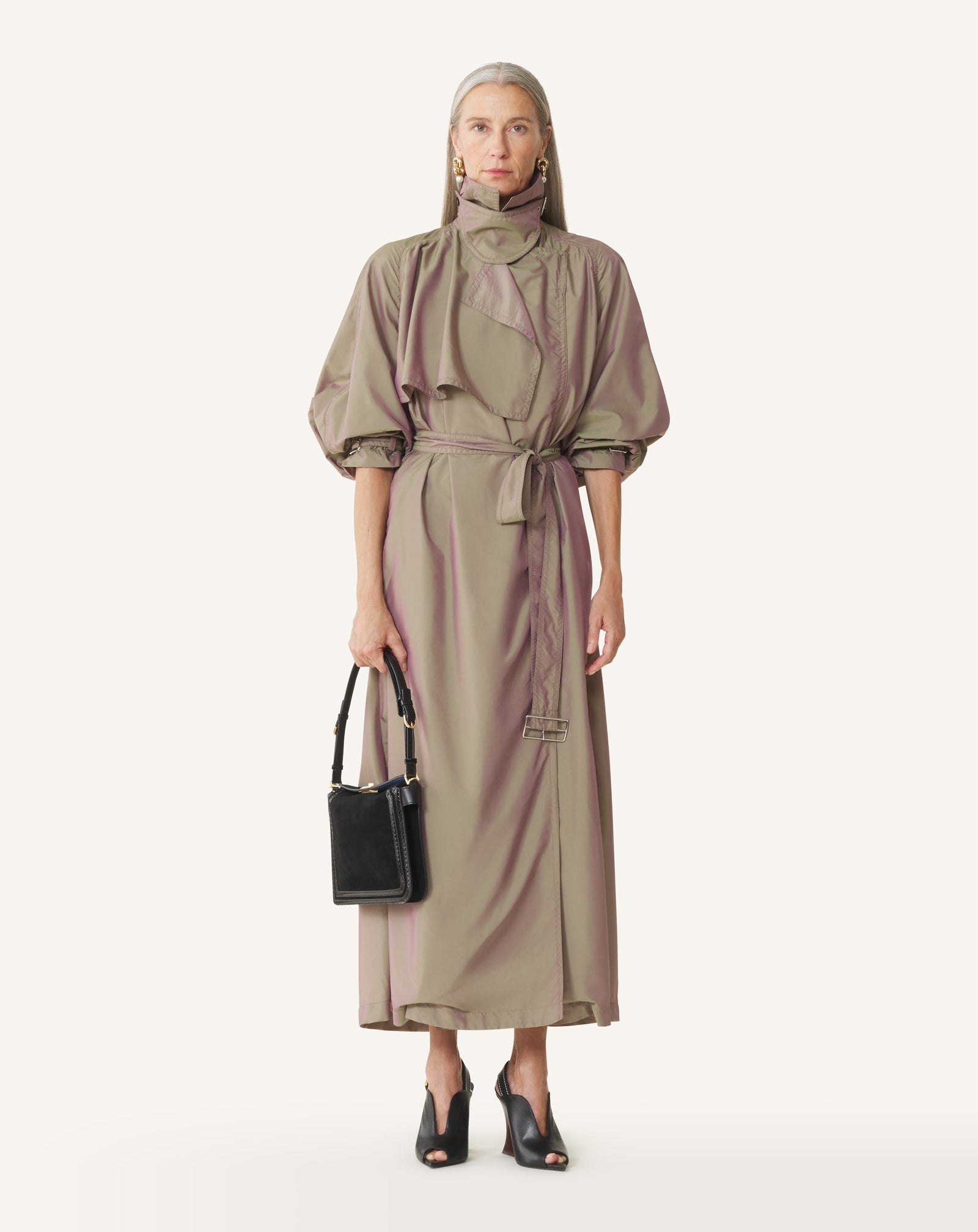 BEIGE FLOWING TAFFETA TRENCH COAT