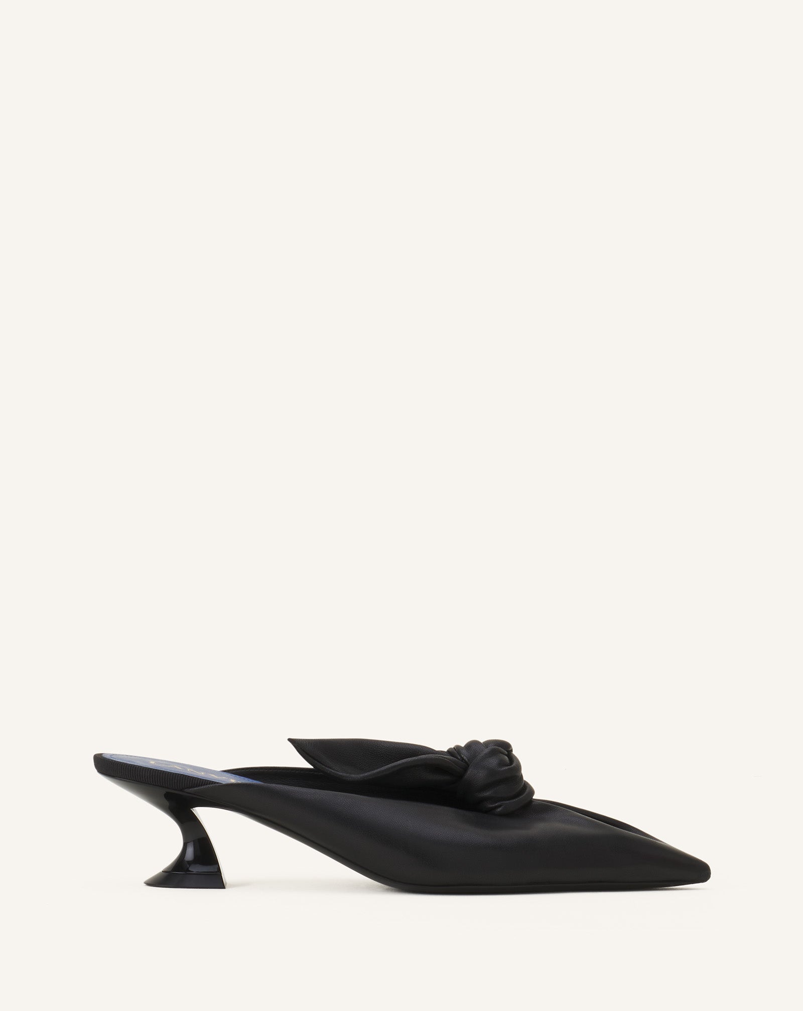 MIDNIGHT STEP HEELED MULES WITH A LEATHER BOW