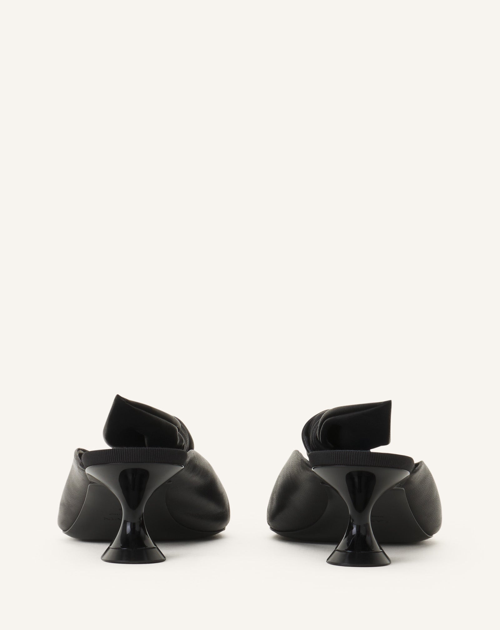 BLACK MIDNIGHT STEP HEELED MULES WITH A LEATHER BOW