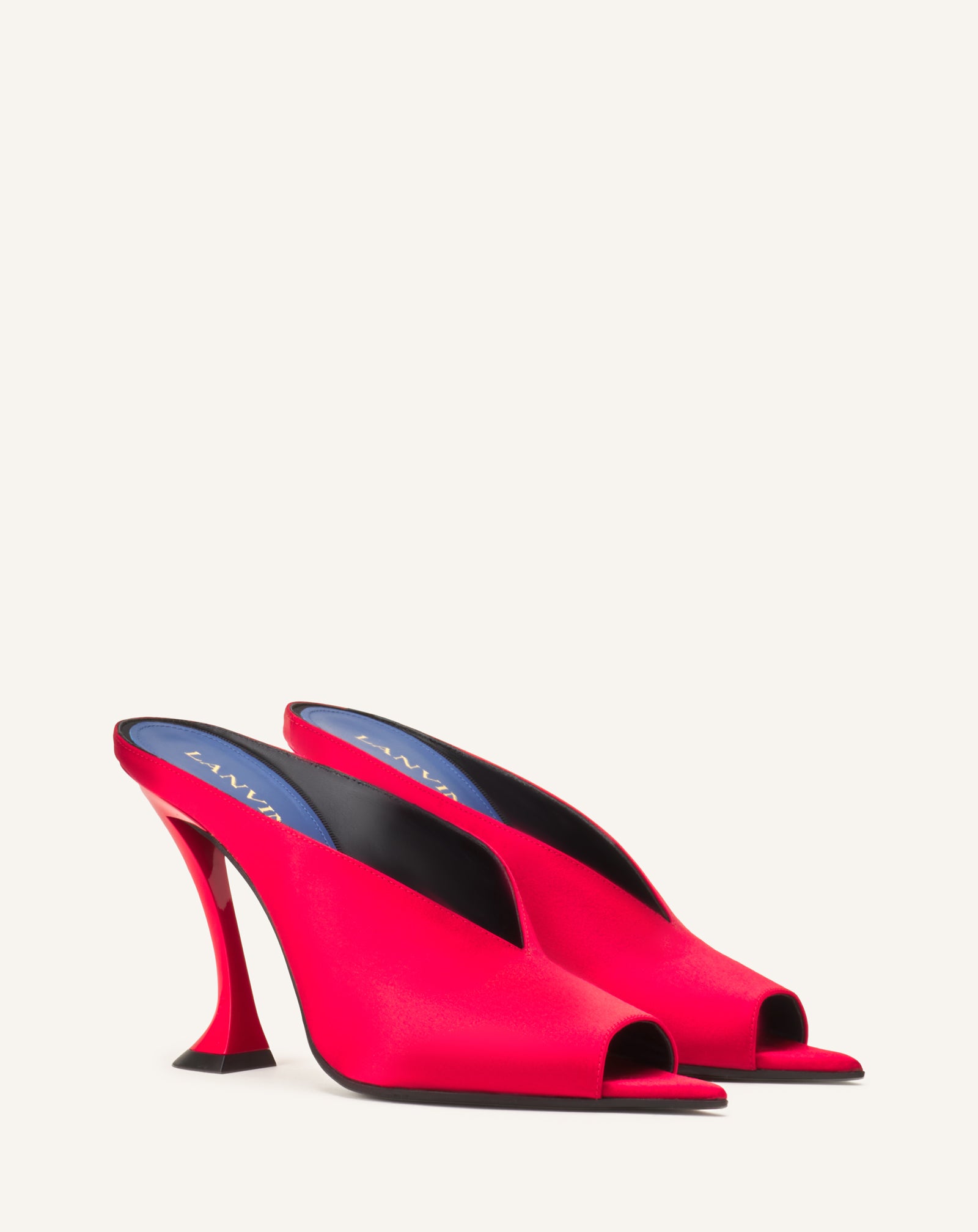 RED MIDNIGHT STEP MULES IN SATIN