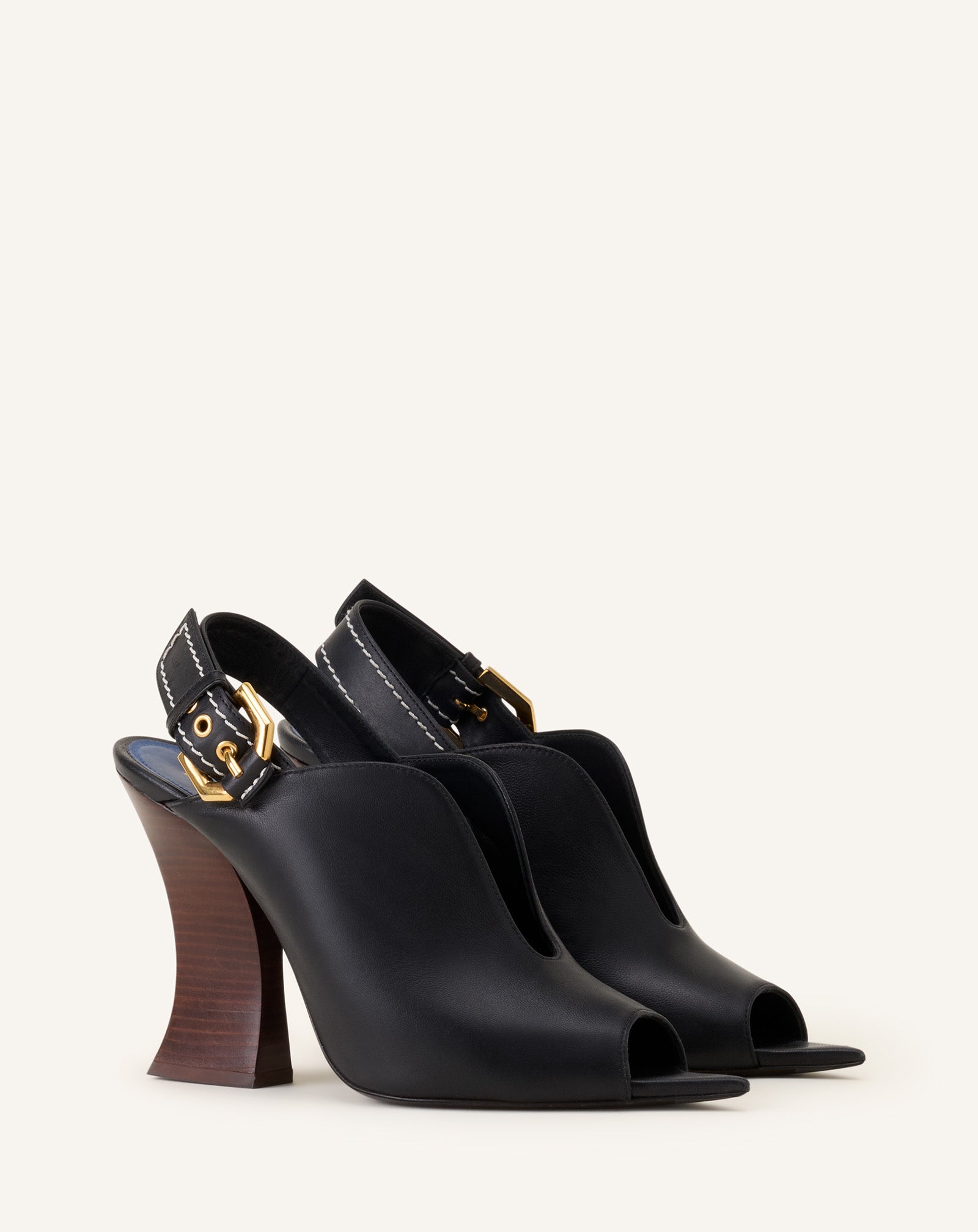 BLACK BUCKLE ARCH HEELED LEATHER MULES