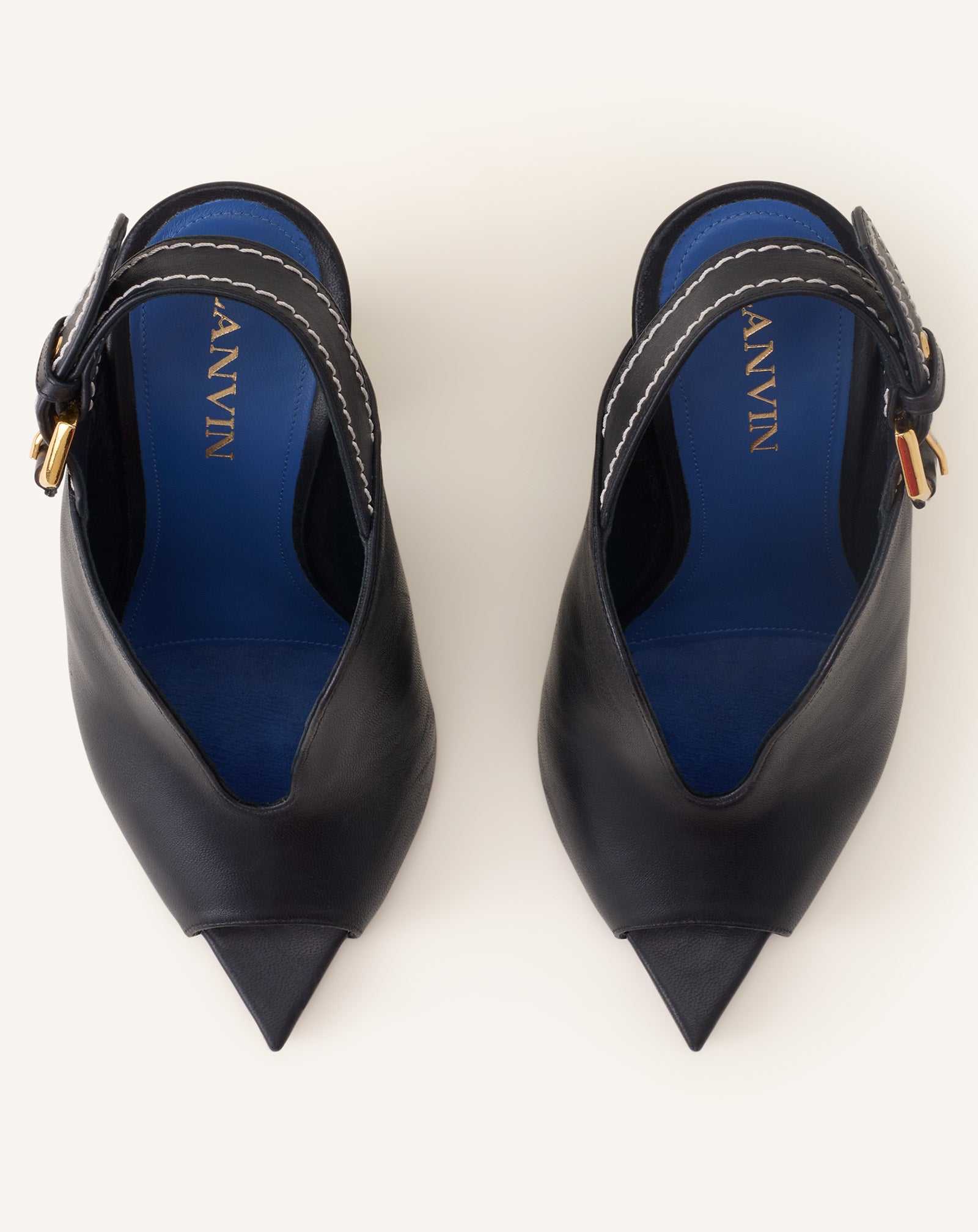 BLACK BUCKLE ARCH HEELED LEATHER MULES