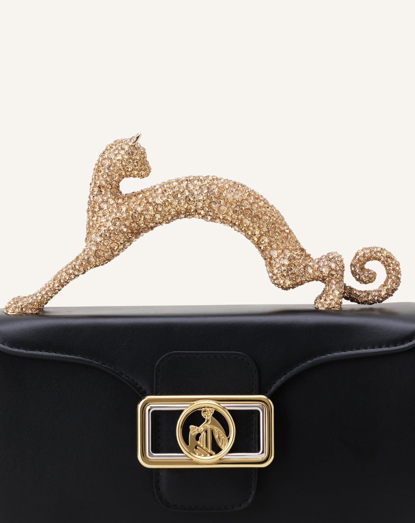 BLACK LEATHER NANO PENCIL CAT BAG WITH RHINESTONES