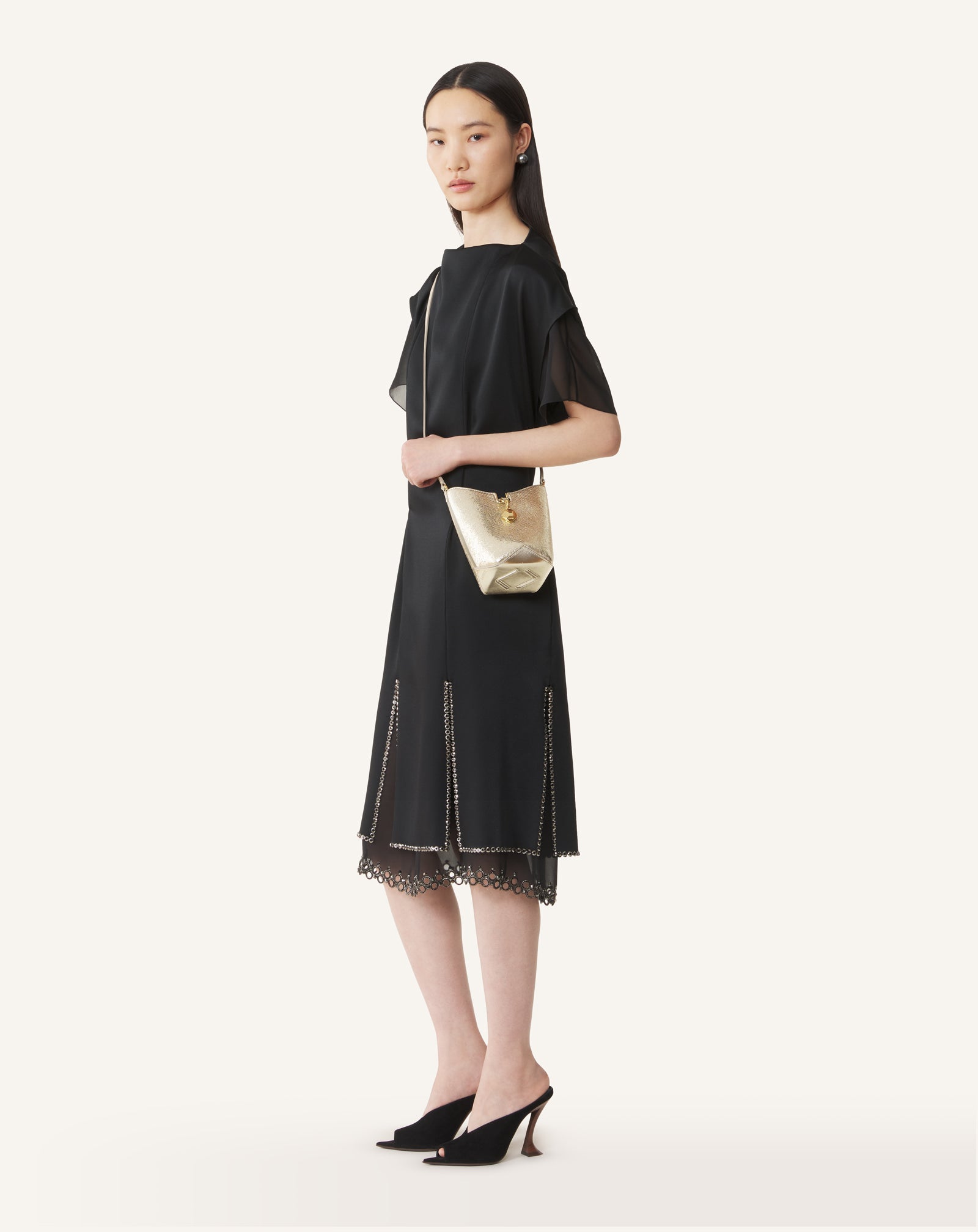 SILVER CATCH BY LANVIN NANO BUCKET BAG IN METALLIC LEATHER