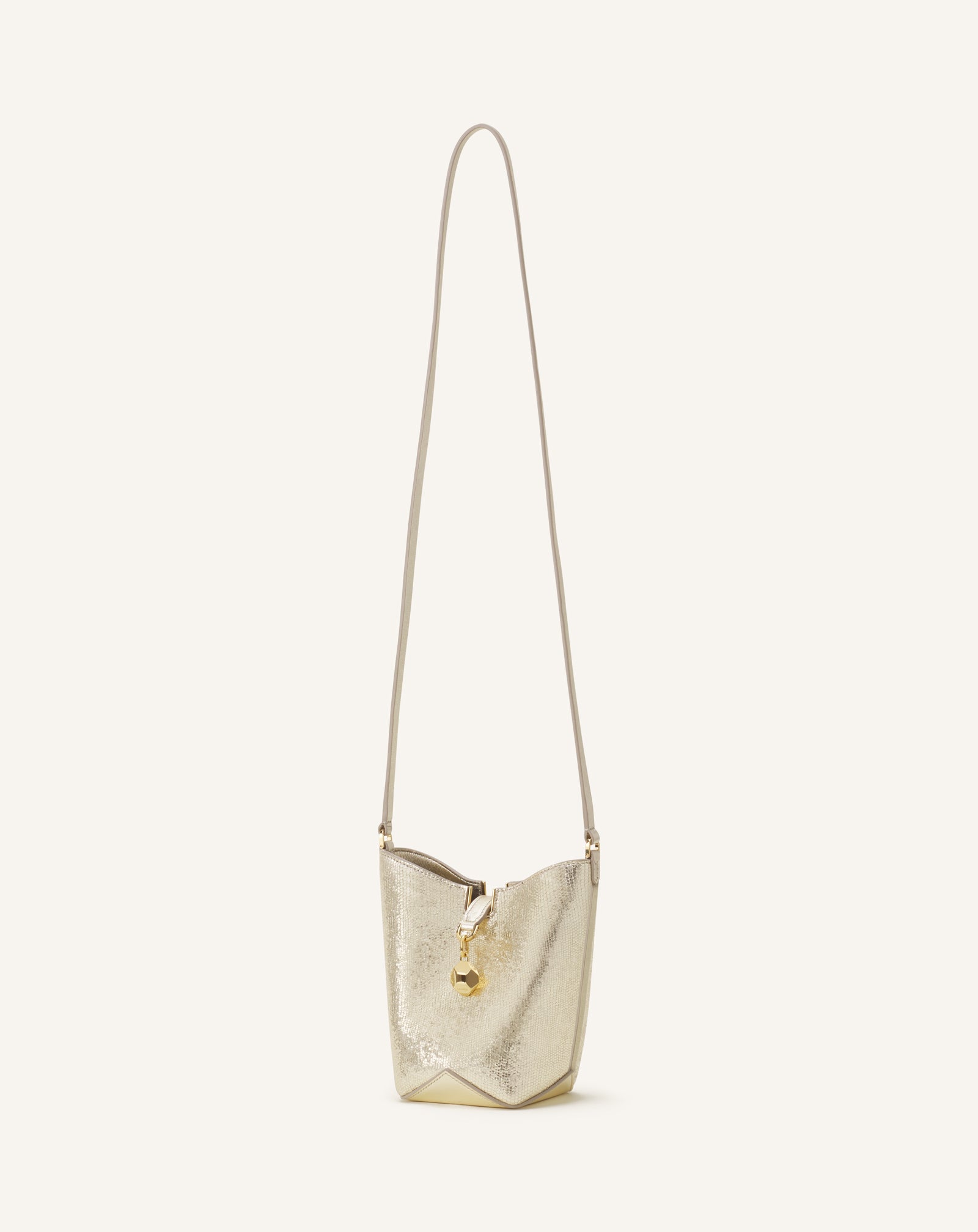 SILVER CATCH BY LANVIN NANO BUCKET BAG IN METALLIC LEATHER