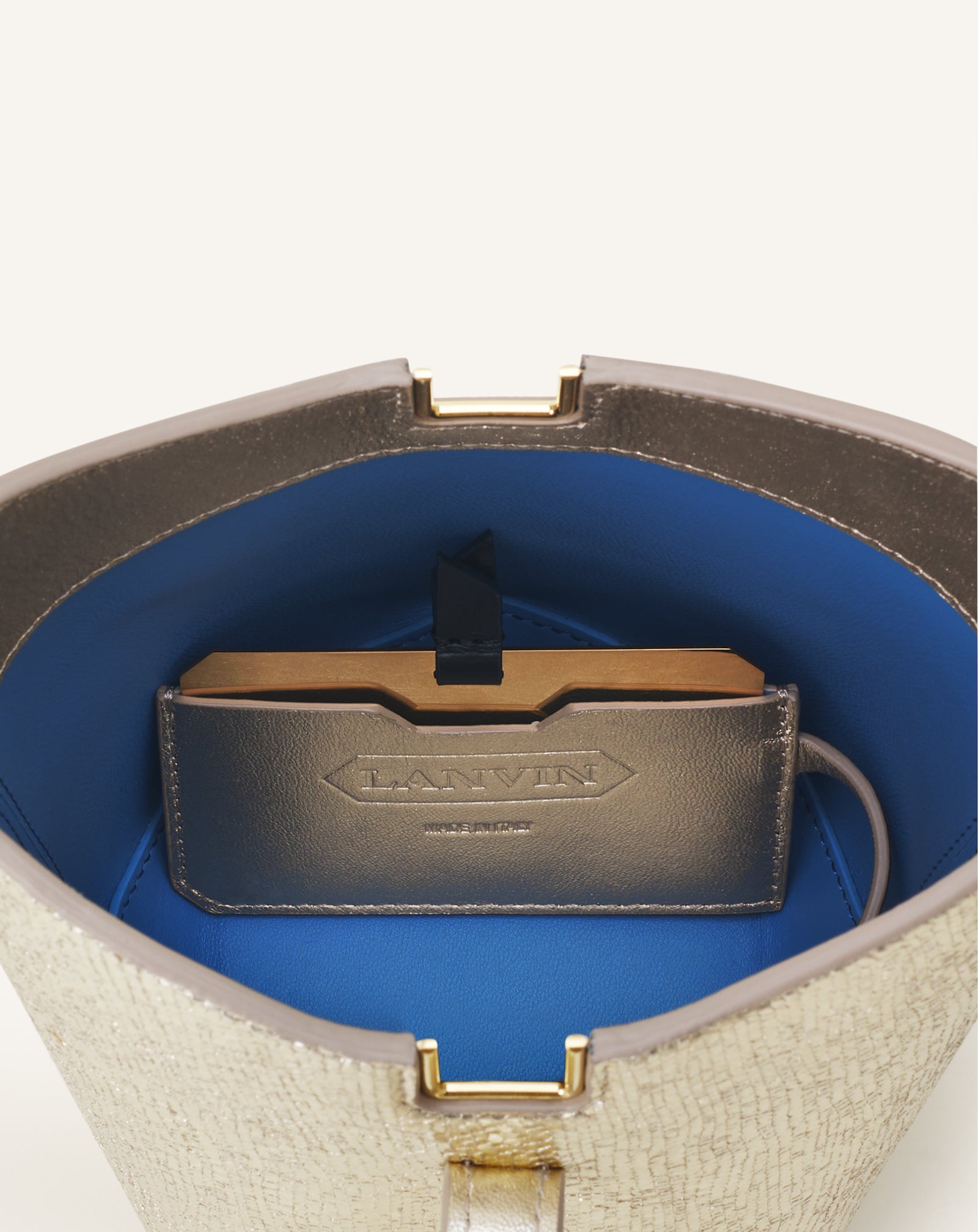 SILVER CATCH BY LANVIN NANO BUCKET BAG IN METALLIC LEATHER