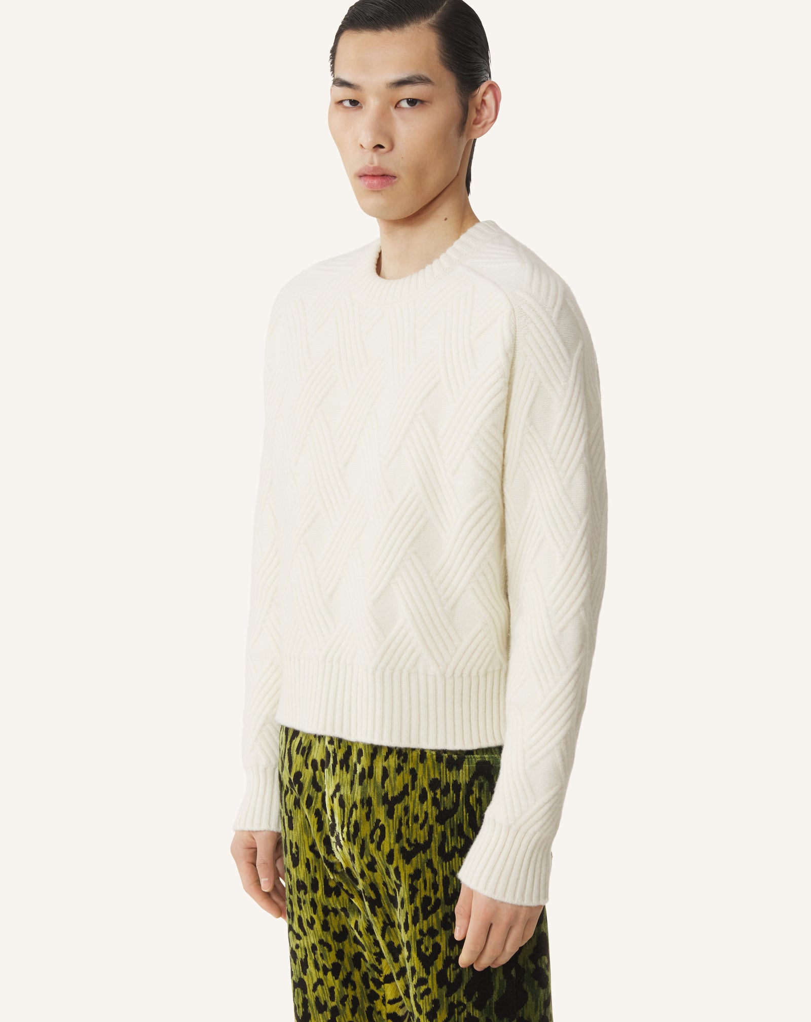 WHITE CABLE-KNIT WOOL SWEATER
