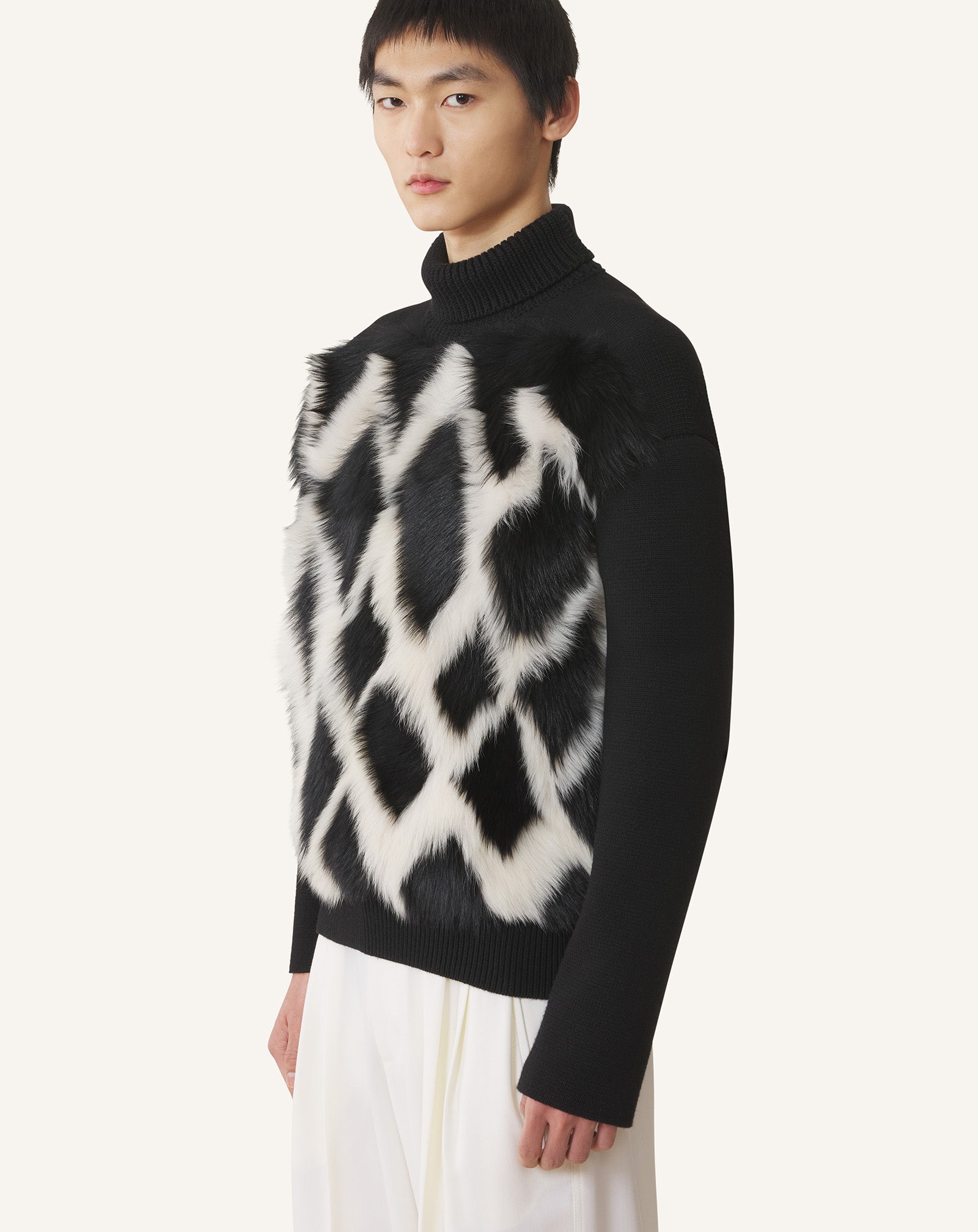 WOOL AND LEATHER INTARSIA TURTLENECK SWEATER