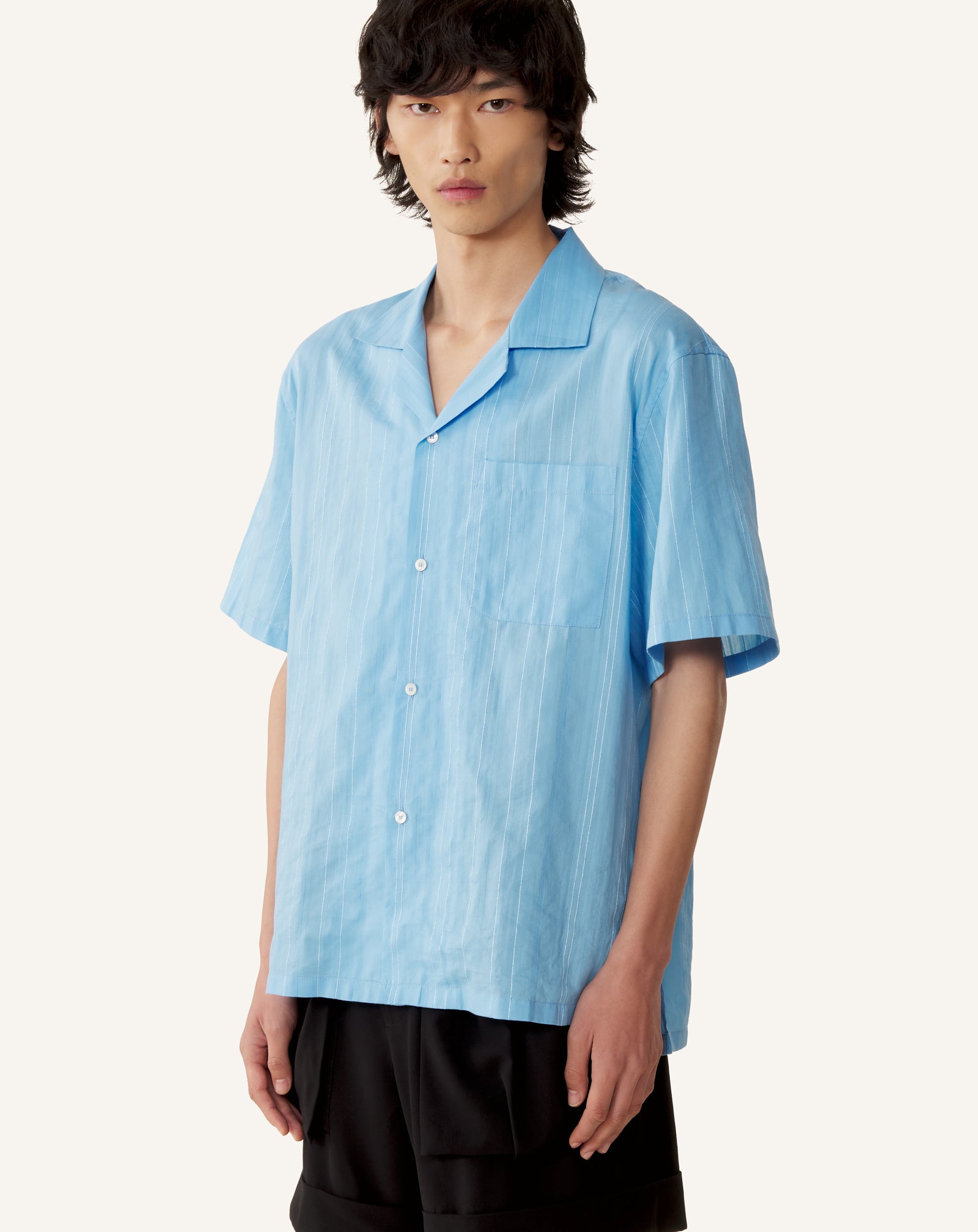 CHEMISE TEXTURÉE EN COTON ET SOIE BLEU