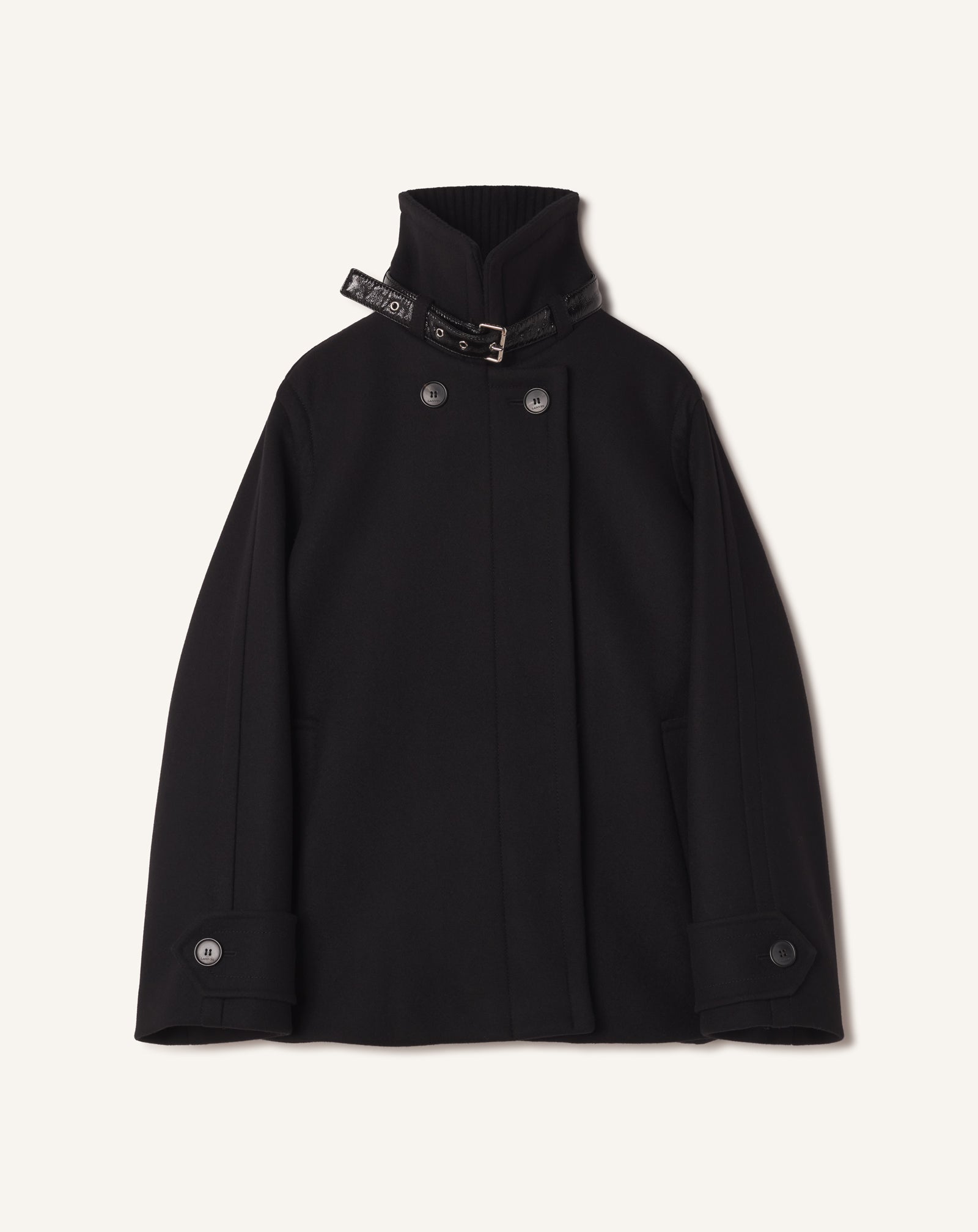 BLACK SHORT WOOL COAT WITH STAND-UP COLLAR