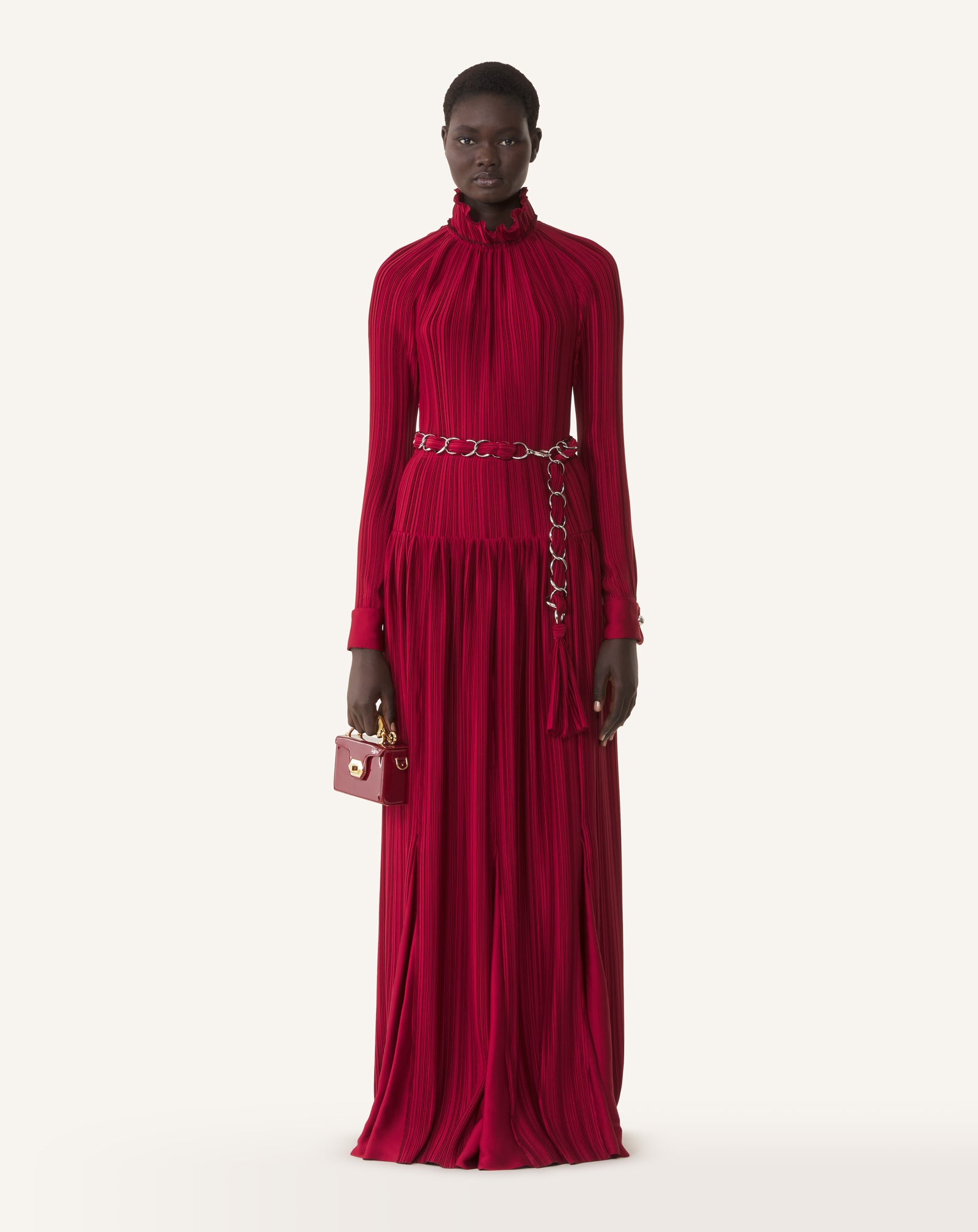 RED LONG PLEATED CHARMEUSE DRESS
