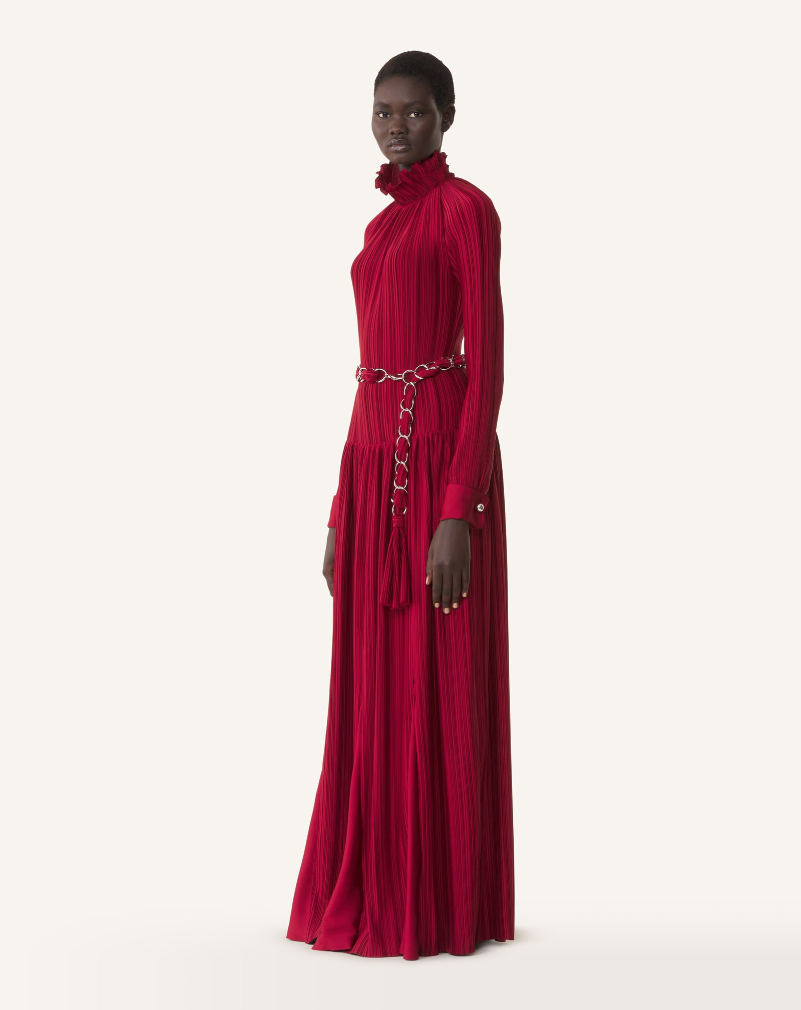 RED LONG PLEATED CHARMEUSE DRESS