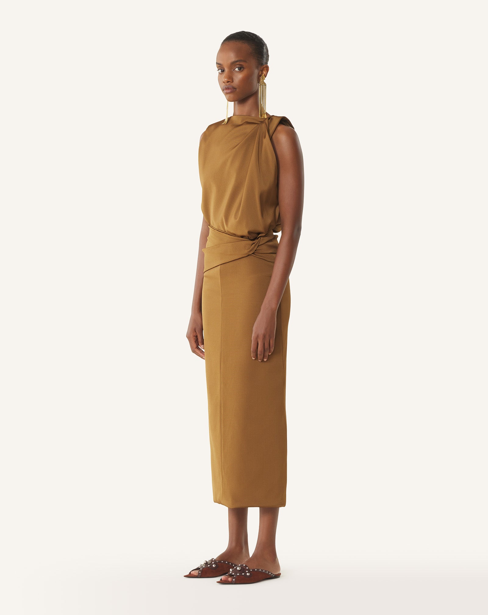 BROWN MIDI DRESS IN VISCOSE