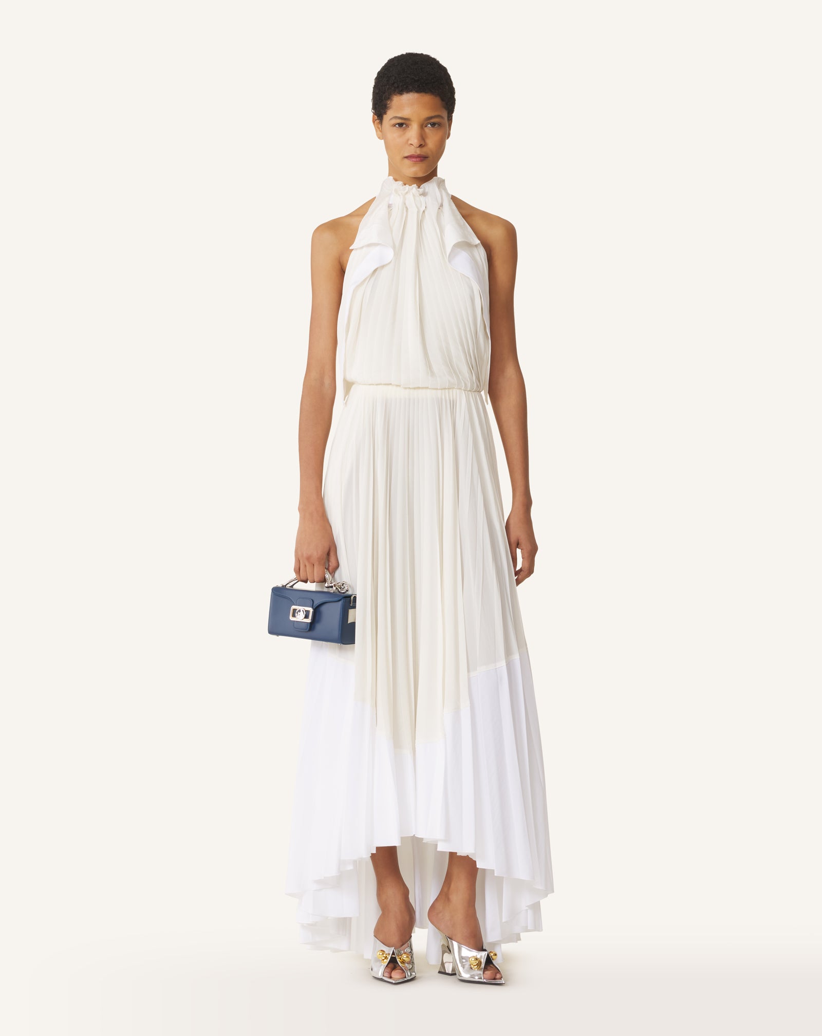 WHITE PLEATED DRESS IN CHARMEUSE AND COTTON