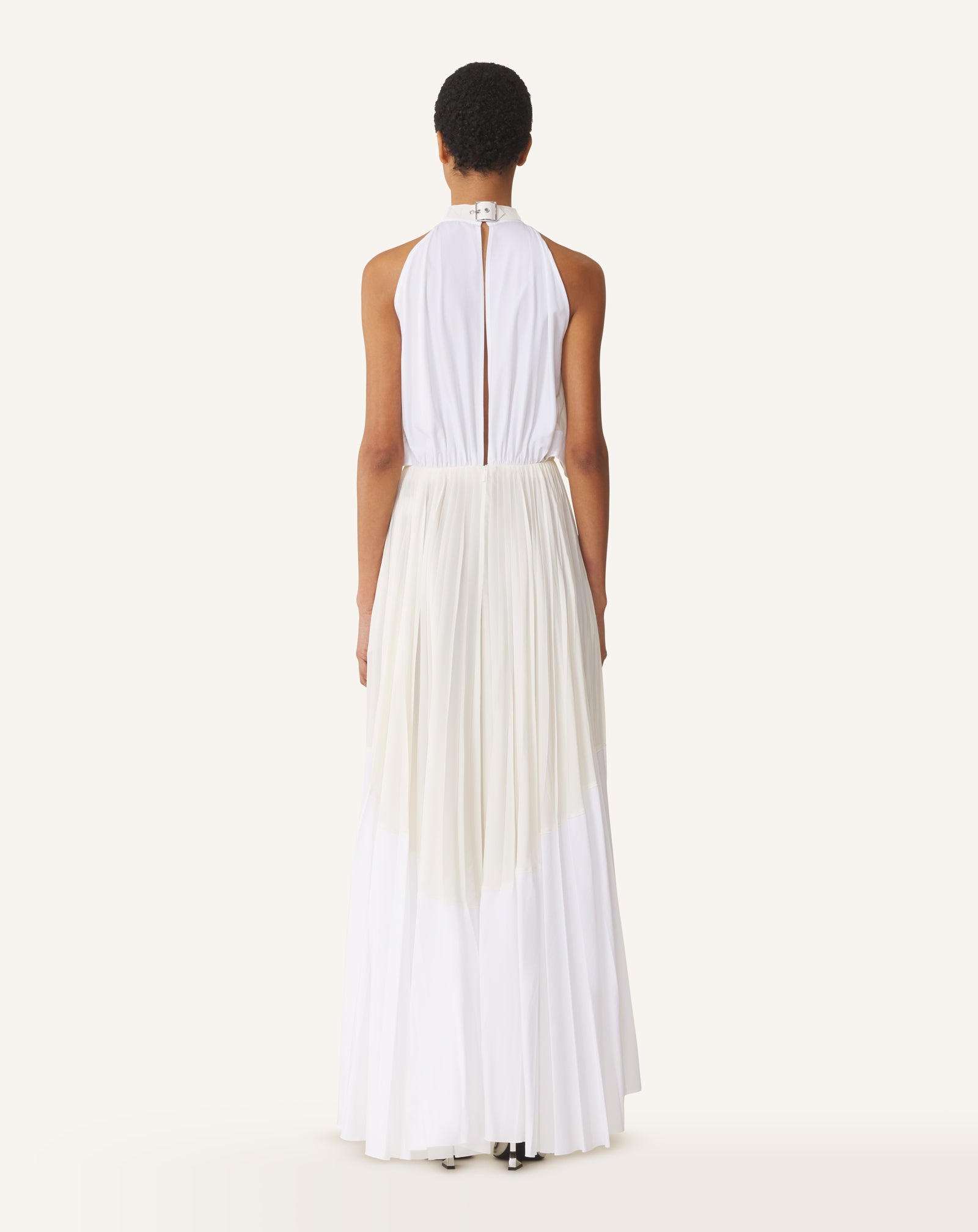 WHITE PLEATED DRESS IN CHARMEUSE AND COTTON