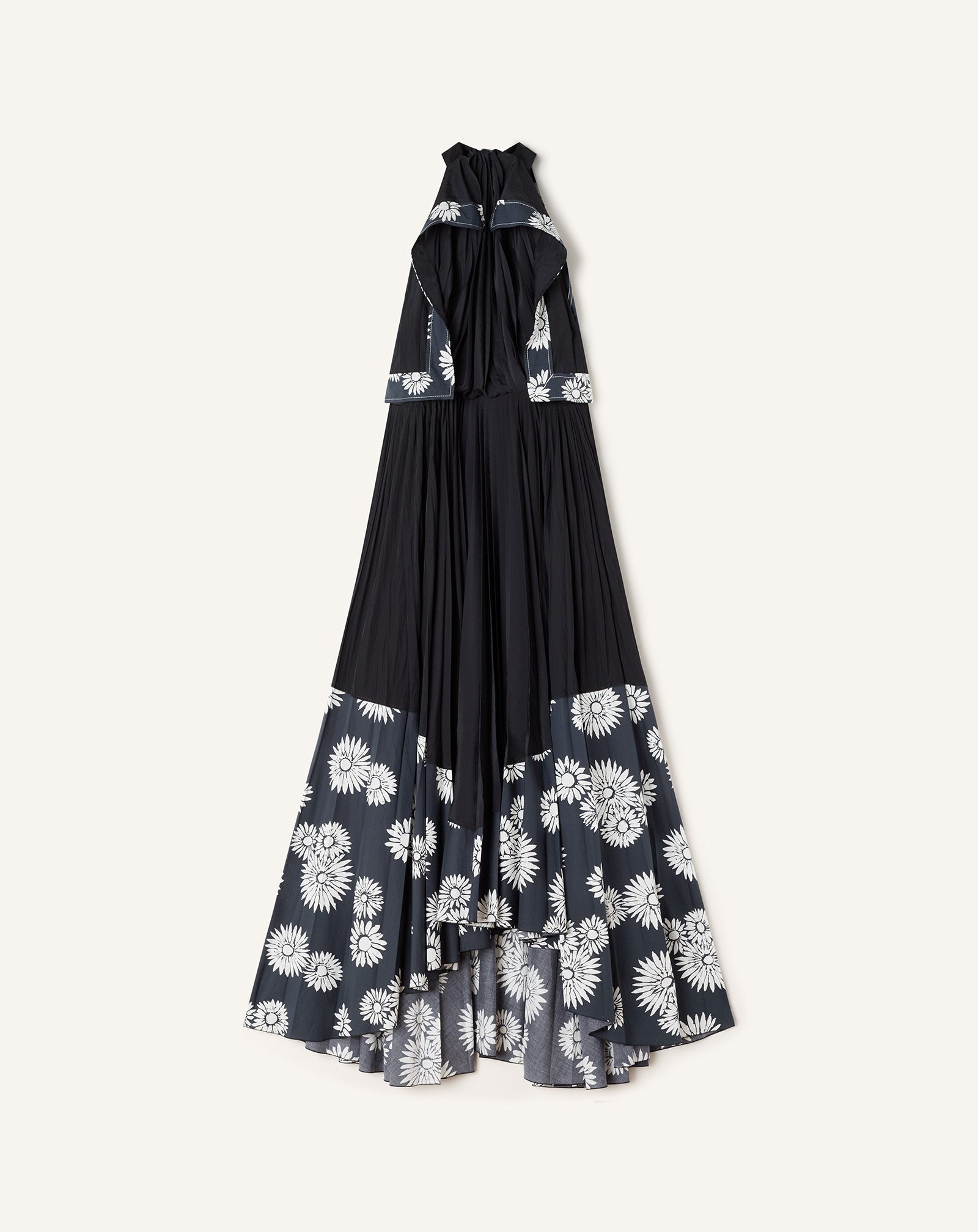 ROBE PLISSÉE EN CHARMEUSE ET COTON IMPRIMÉ NOIR