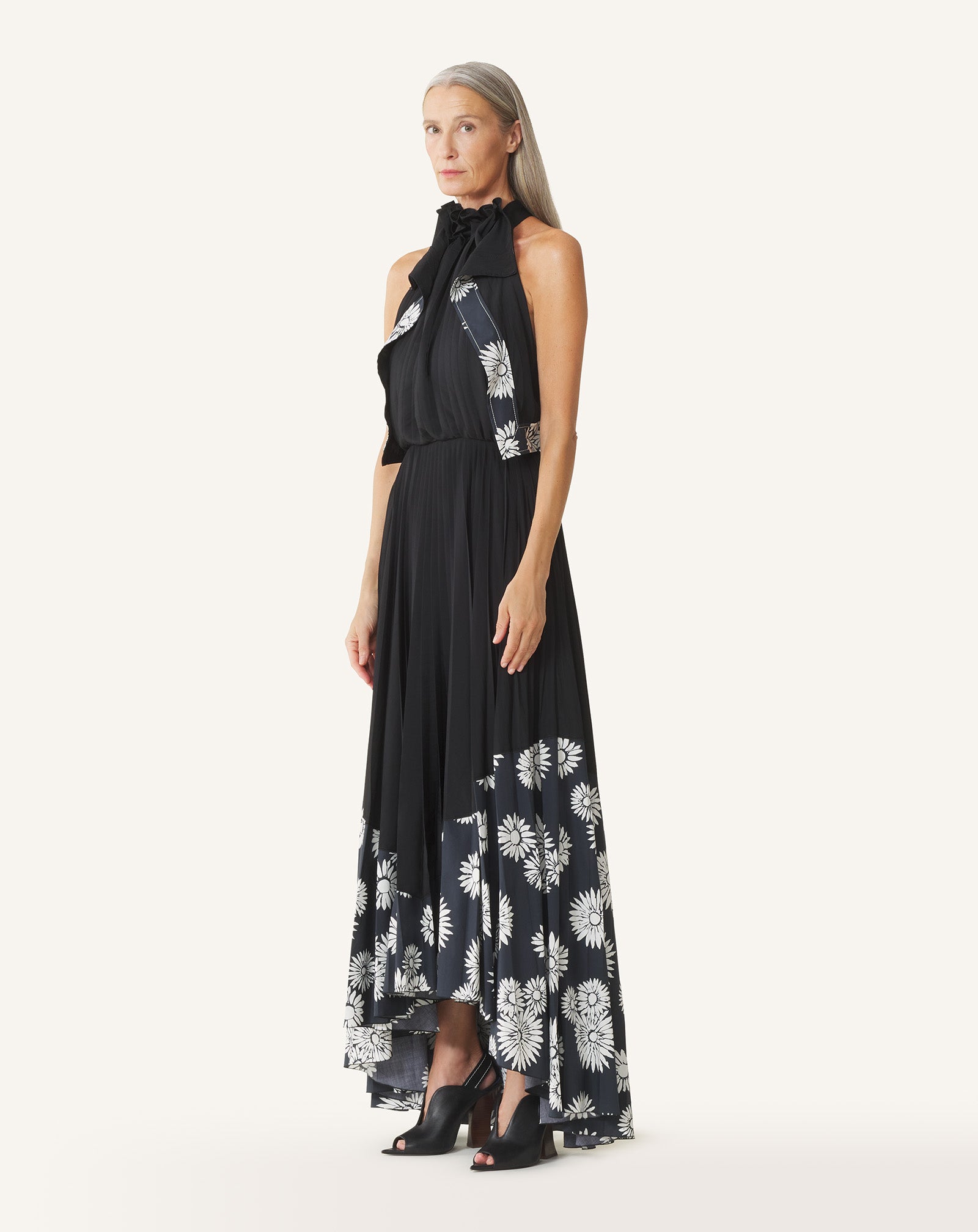 ROBE PLISSÉE EN CHARMEUSE ET COTON IMPRIMÉ NOIR