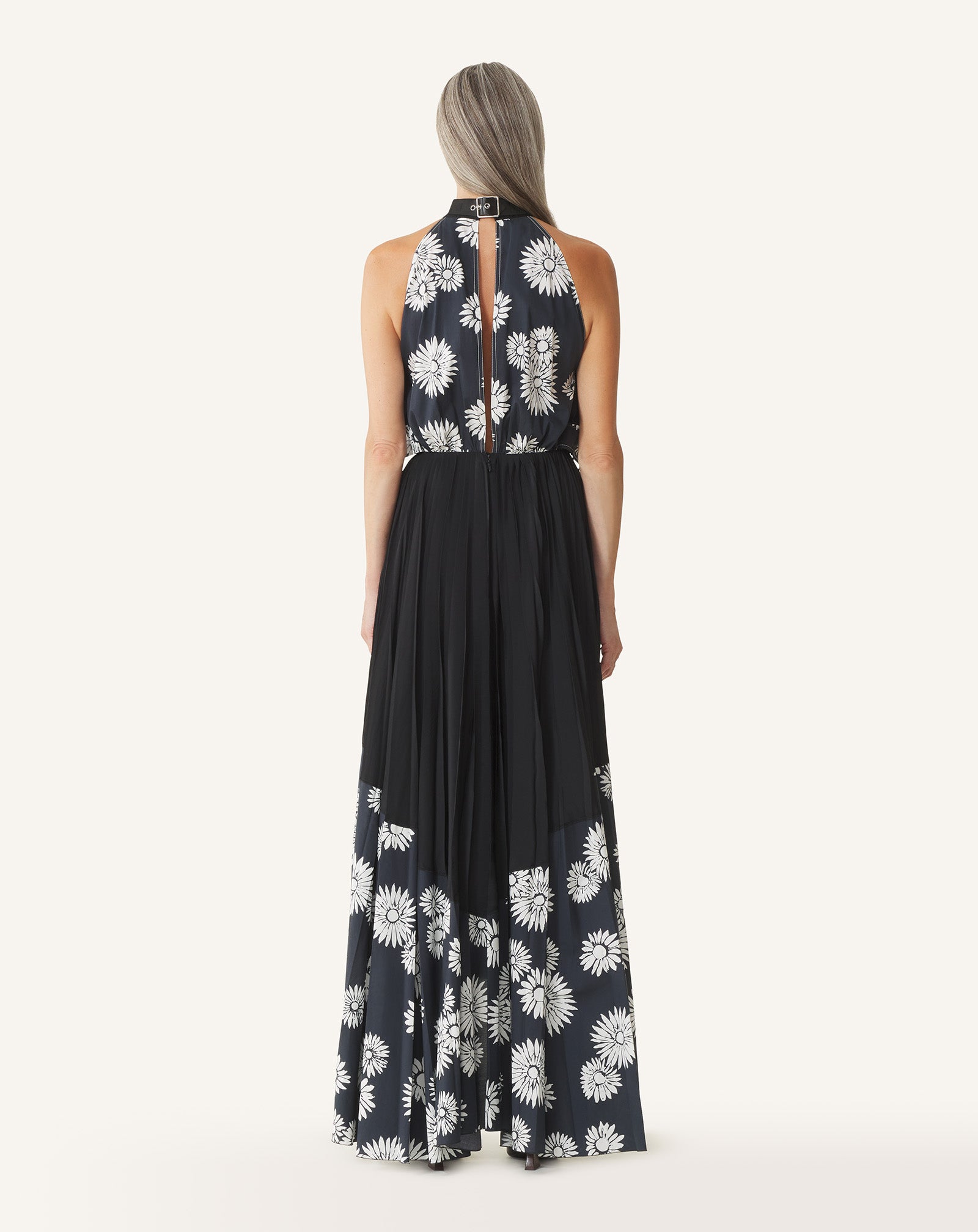 ROBE PLISSÉE EN CHARMEUSE ET COTON IMPRIMÉ NOIR