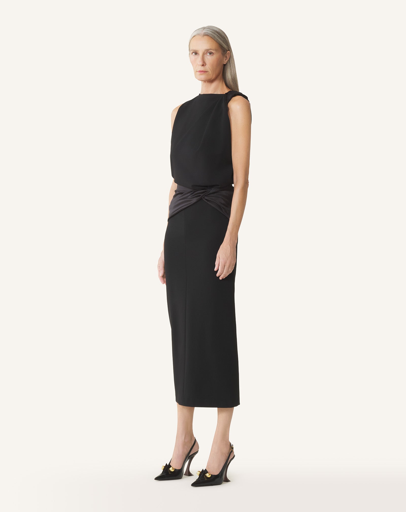 BLACK MIDI DRESS IN JERSEY AND SATIN