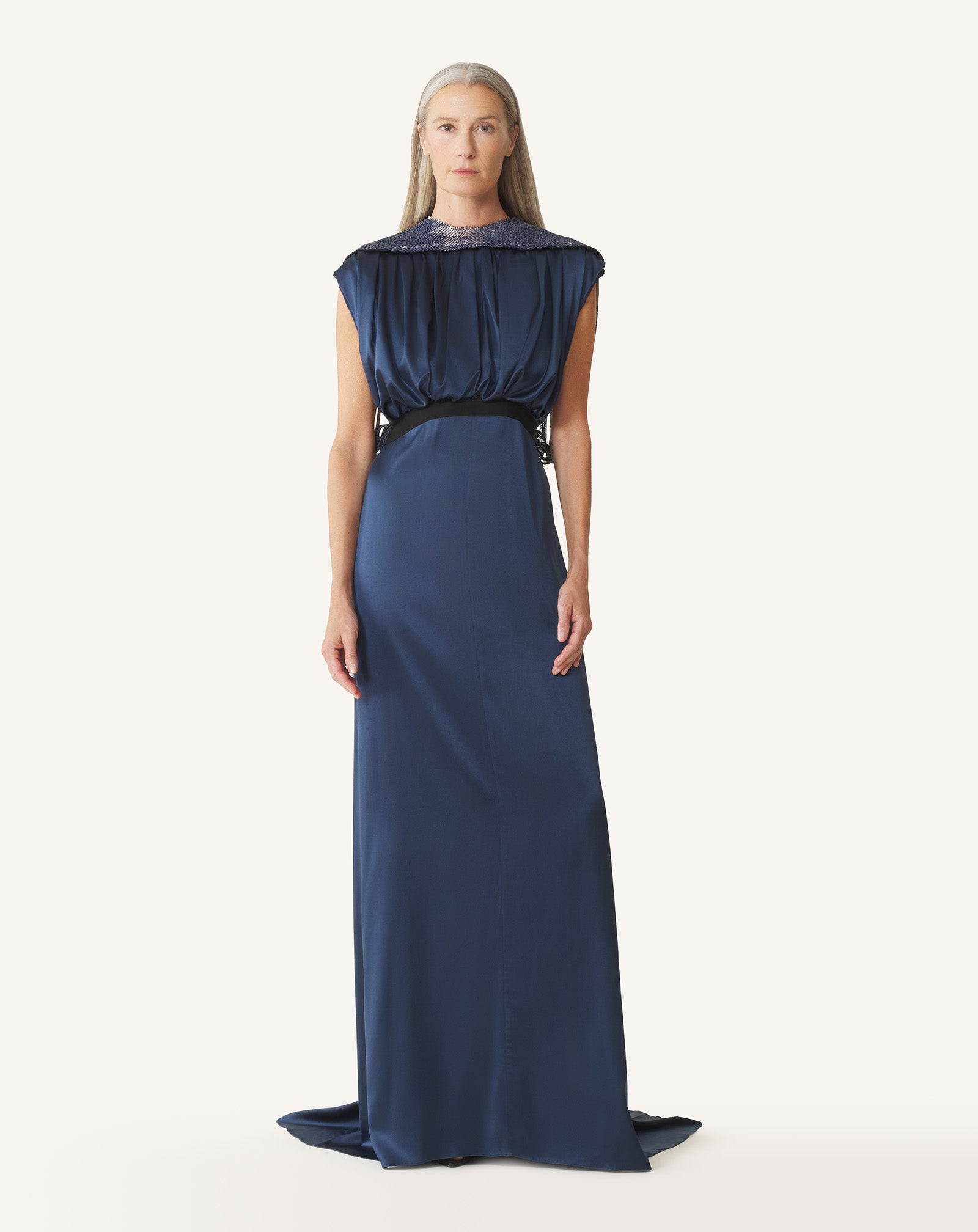 BLUE EMBROIDERED BACK DRESS IN SILK SATIN