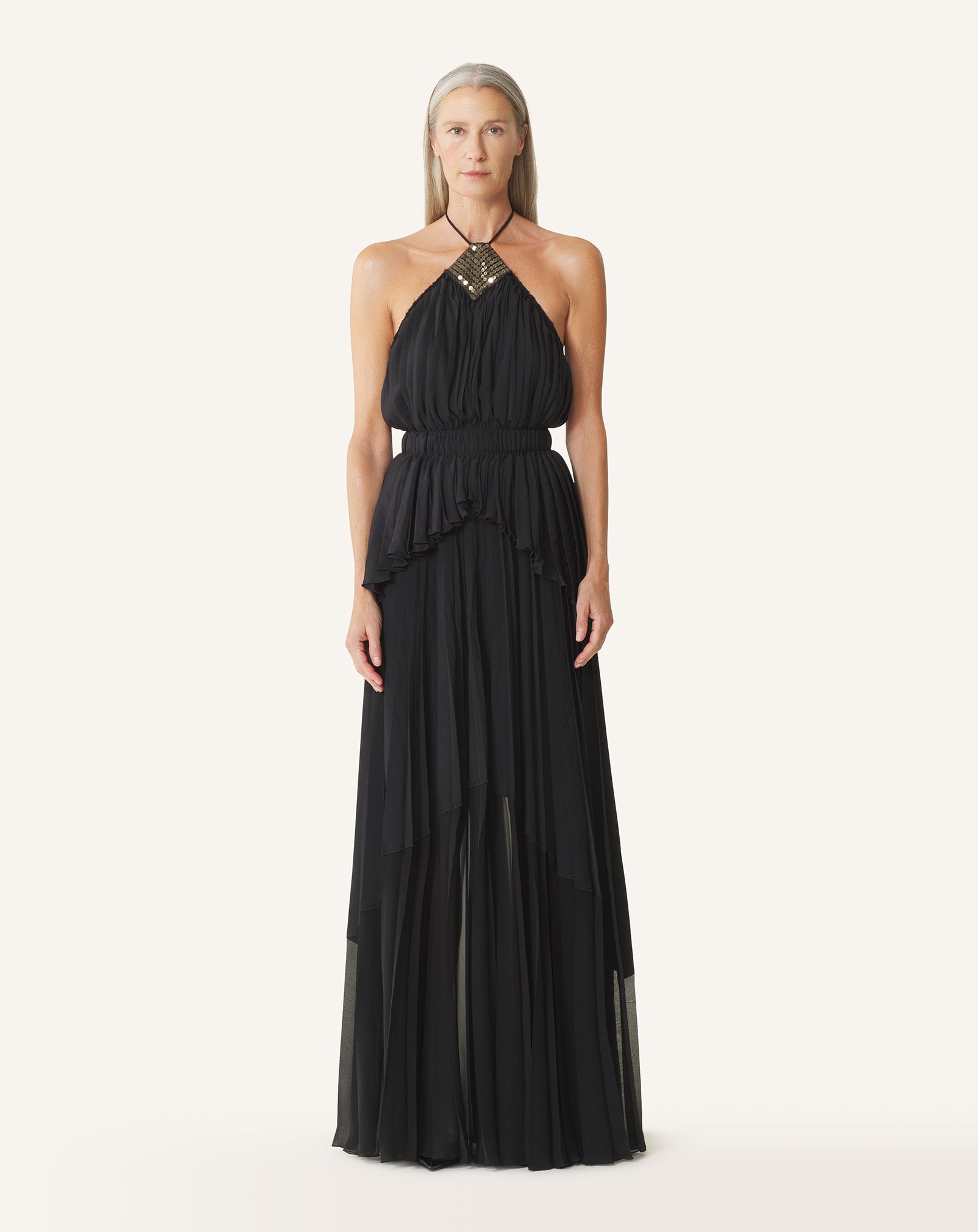 ROBE BRODÉE EN SOIE ET CHARMEUSE NOIR