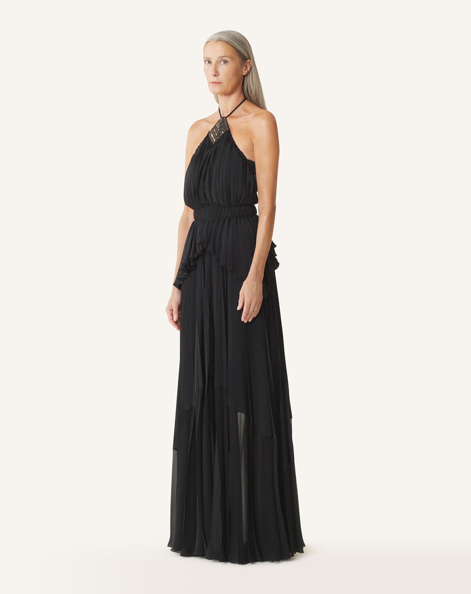 ROBE BRODÉE EN SOIE ET CHARMEUSE NOIR