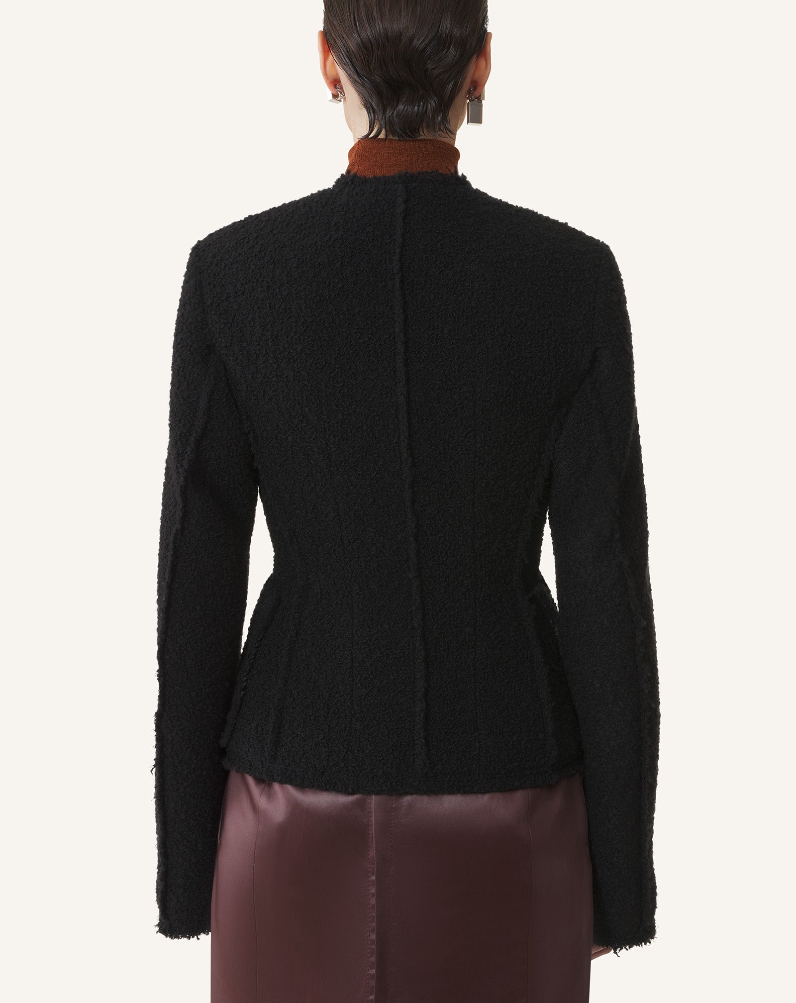BLACK ASYMMETRICAL JACKET IN BOUCLÉ WOOL