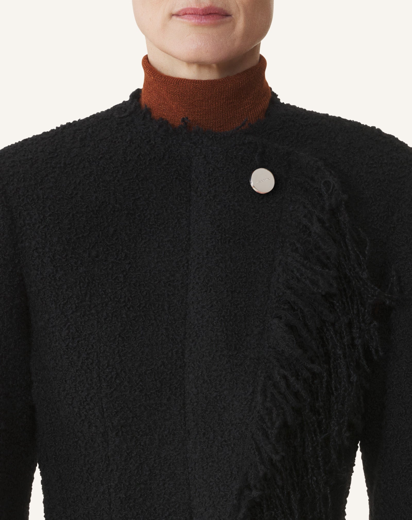 BLACK ASYMMETRICAL JACKET IN BOUCLÉ WOOL