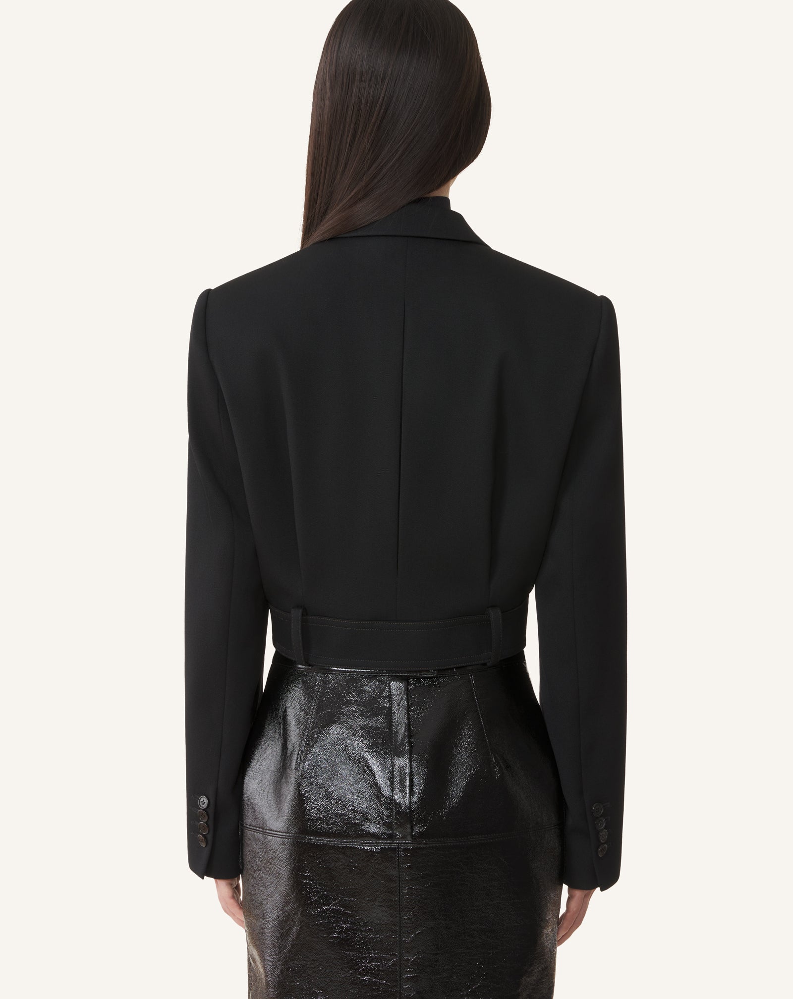 BLACK SHORT BELTED JACKET IN WOOL