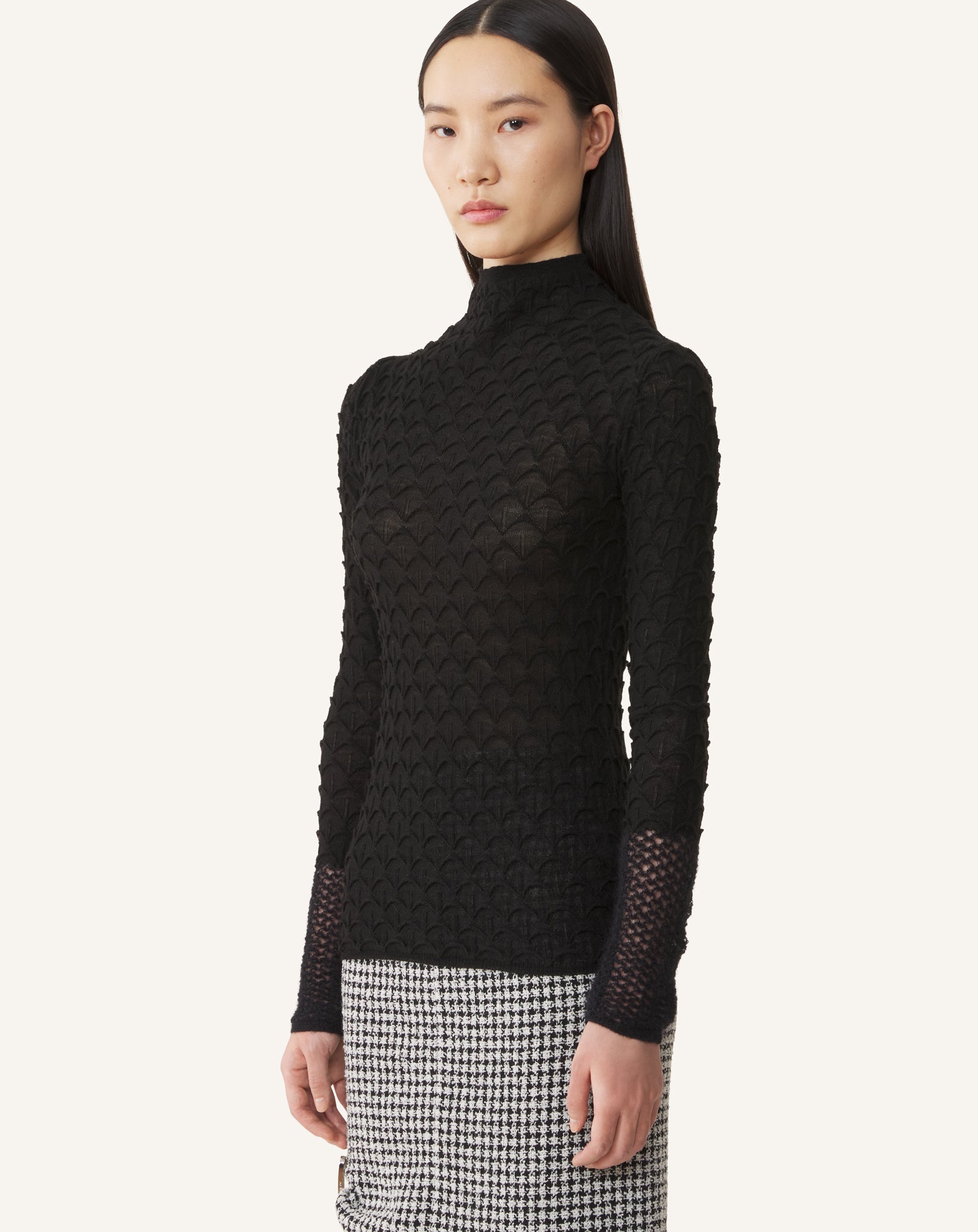BLACK  HIGH-NECK TOP IN WOOL AND MOHAIR