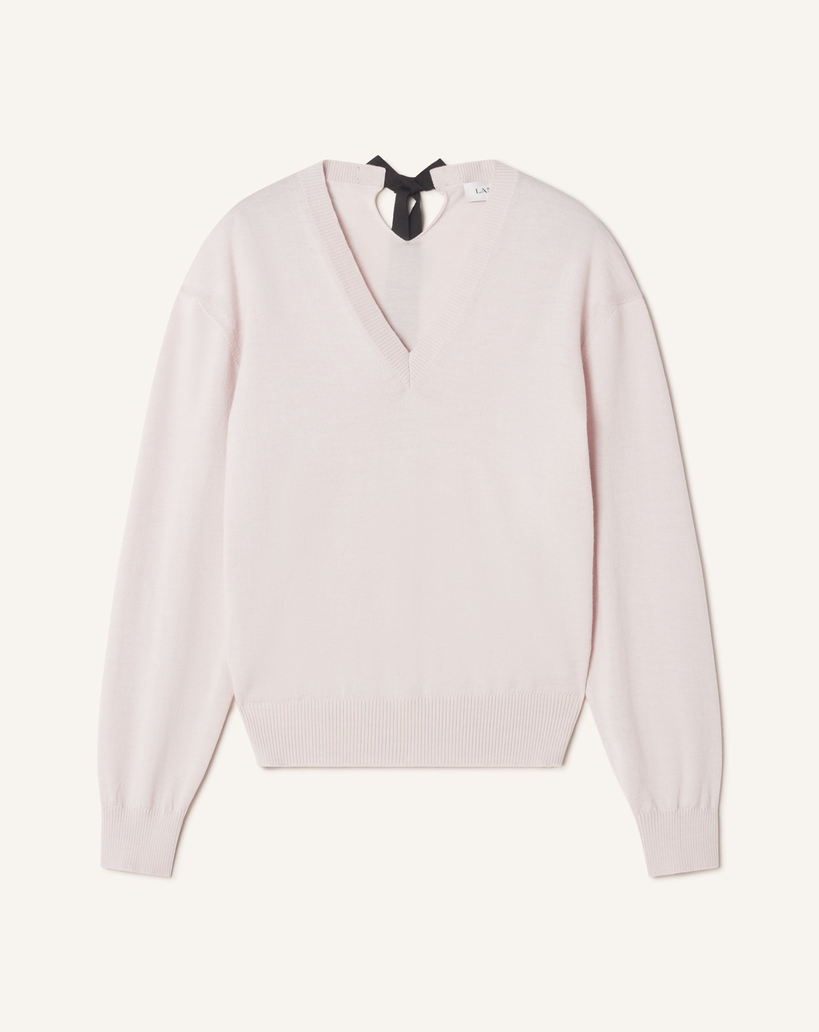 WHITE V-NECK MERINO SWEATER WITH GROSGRAIN DETAIL