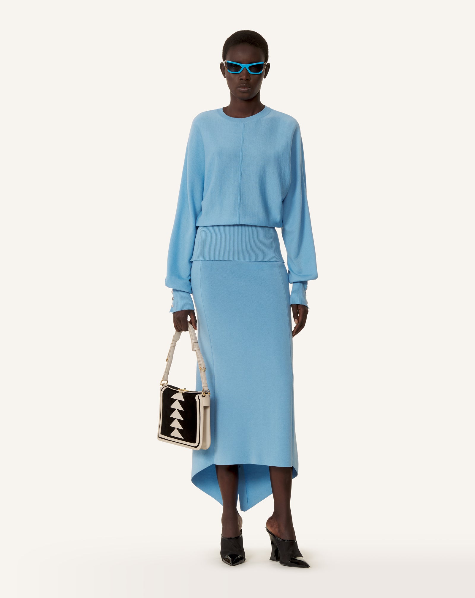 BLUE FITTED-WAIST MERINO WOOL SWEATER