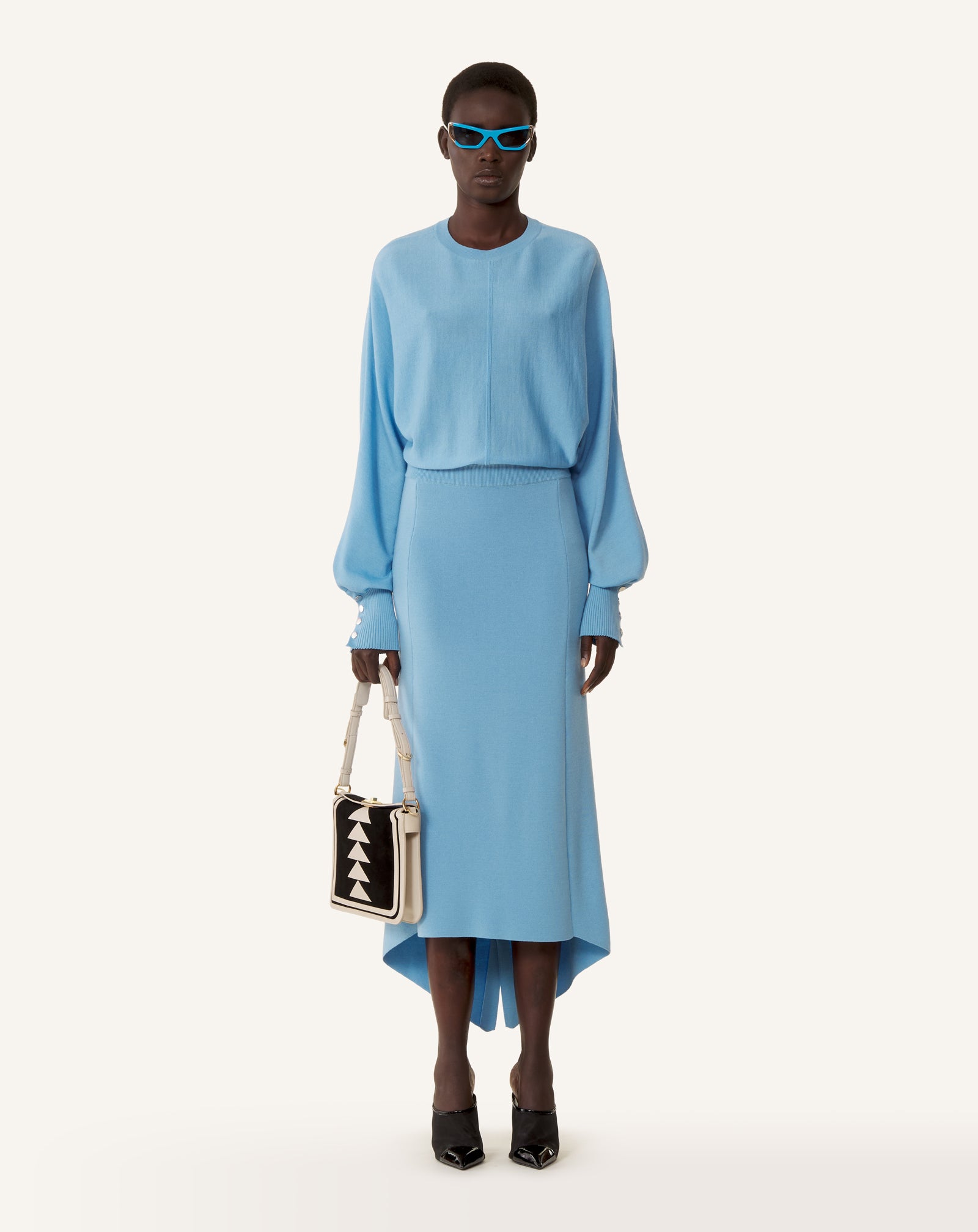 BLUE BUTTONED LONG SKIRT IN MERINO WOOL