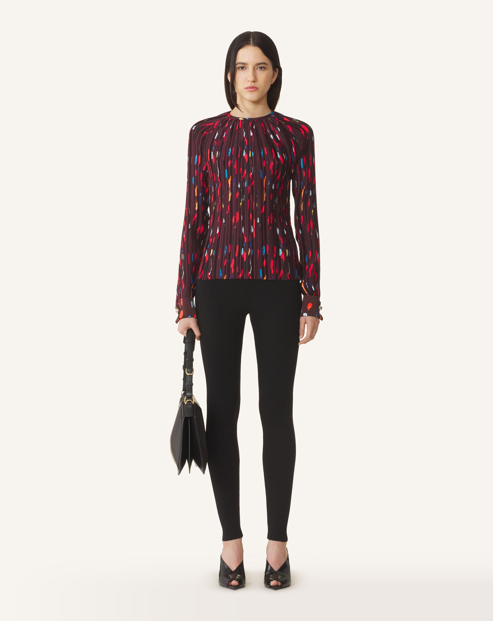 RED PRINTED PLEATED CHARMEUSE TOP