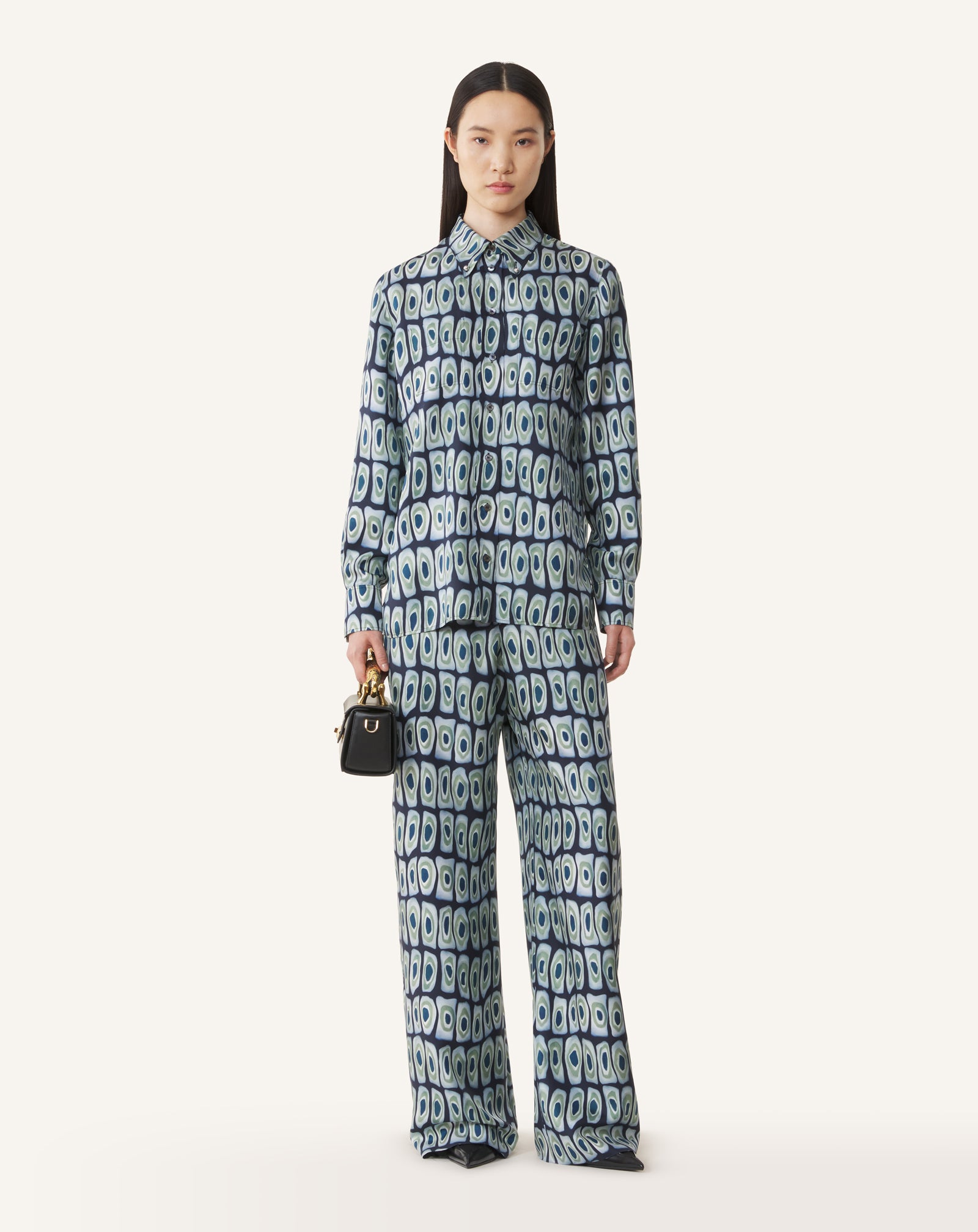 GREEN PRINTED WIDE-LEG SILK PANTS