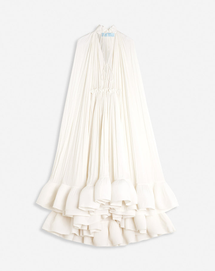 LONG RUFFLE DRESS IN CHARMEUSE, OFF WHITE