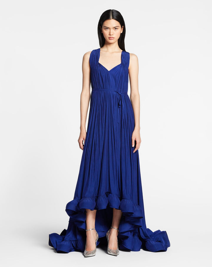 LONG CHARMEUSE TRIBUTE DRESS, INDIGO