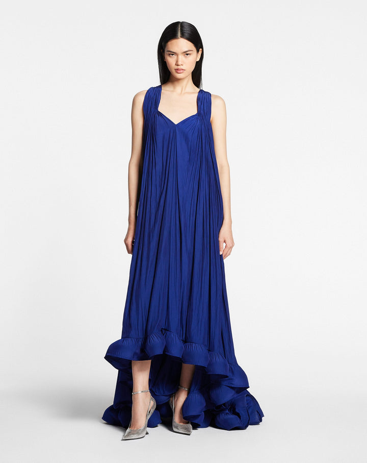 LONG CHARMEUSE TRIBUTE DRESS, INDIGO